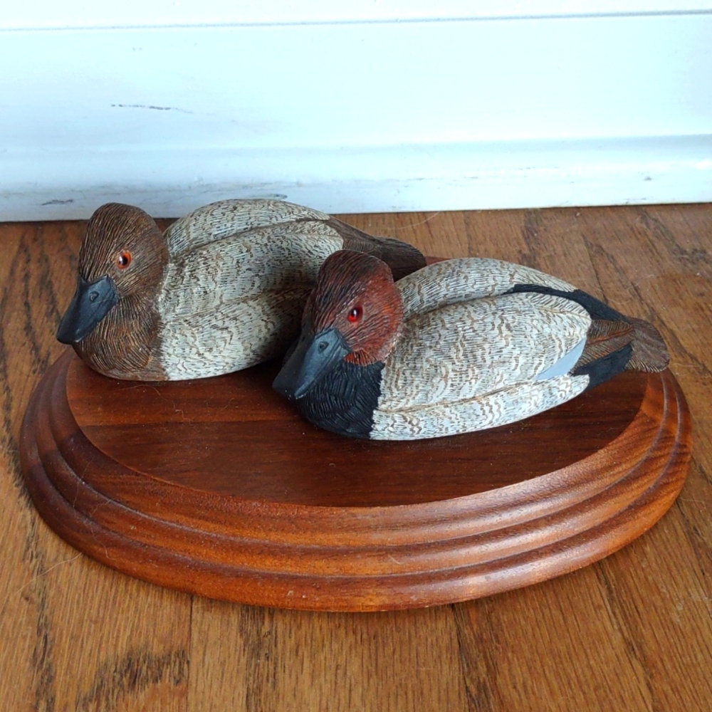 Vintage Hand Carved Small Wood Ducks on Base